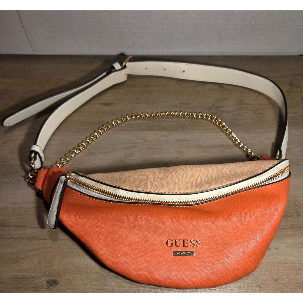 Guess Los Angeles Orange White Belt Bag Waist Pack Crossbody Purse Gold Chain